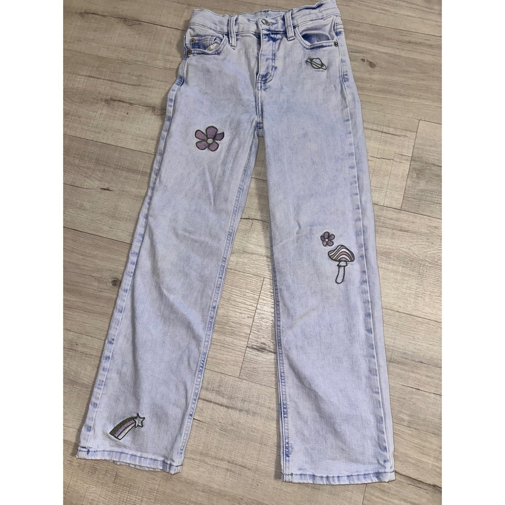 Thereabouts Girls Light Wash Wide Leg Embroidered Patch Jeans Size 10‎ Mushroom